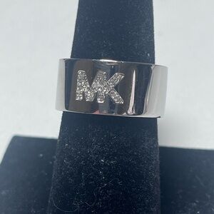 Michael Kors Silver-tone Pavé MK Logo Wide Band Ring
